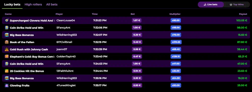 Tabla de líderes de ganadores en vivo de Spinmama y display de apuestas recientes afortunadas